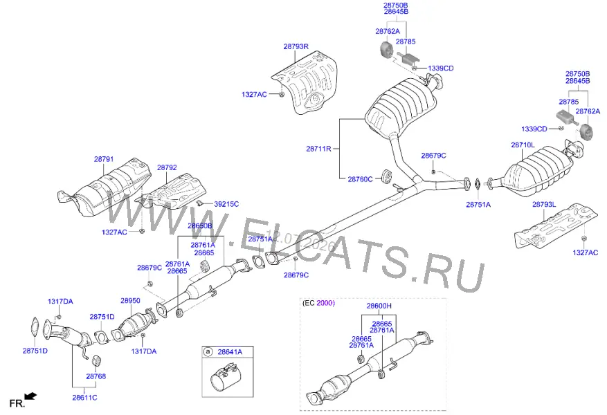 Схема узла: ГЛУШИТЕЛЬ И ВЫХЛОПНАЯ ТРУБА (2400 CC - THETA 2;2400 CC - THETA 2) (ДВИГАТЕЛЬ)
