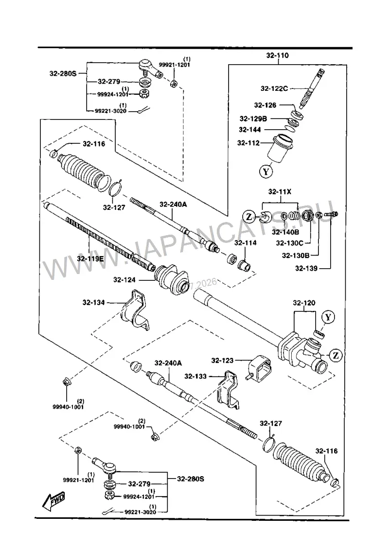 Схема узла: РУЛЕВАЯ РЕЙКА (W/O POWER STEERING)