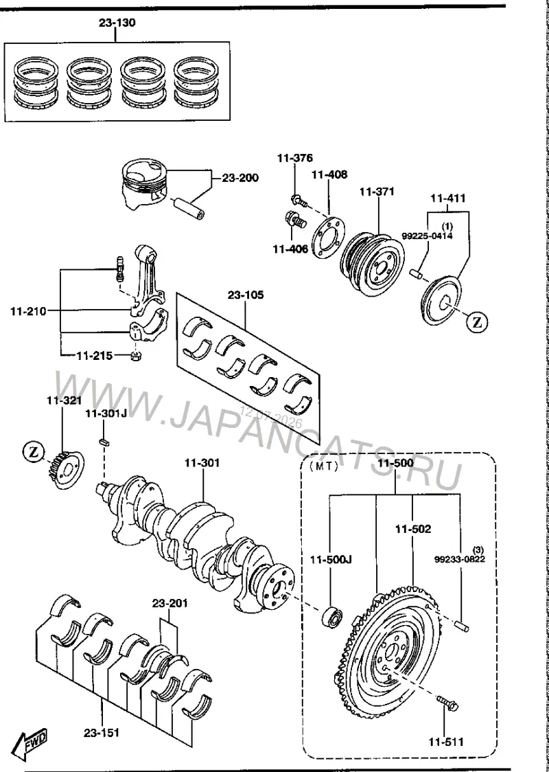 Схема узла: ПОРШНИ, КОЛЕНВАЛ И МАХОВИК (GASOLINE)(1500CC)