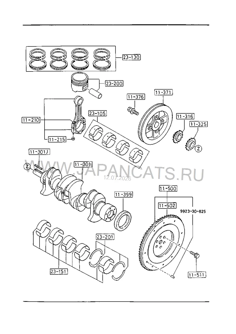 Схема узла: ПОРШНИ, КОЛЕНВАЛ И МАХОВИК (GASOLINE)(1300CC)(E-SERIES ENGINE)