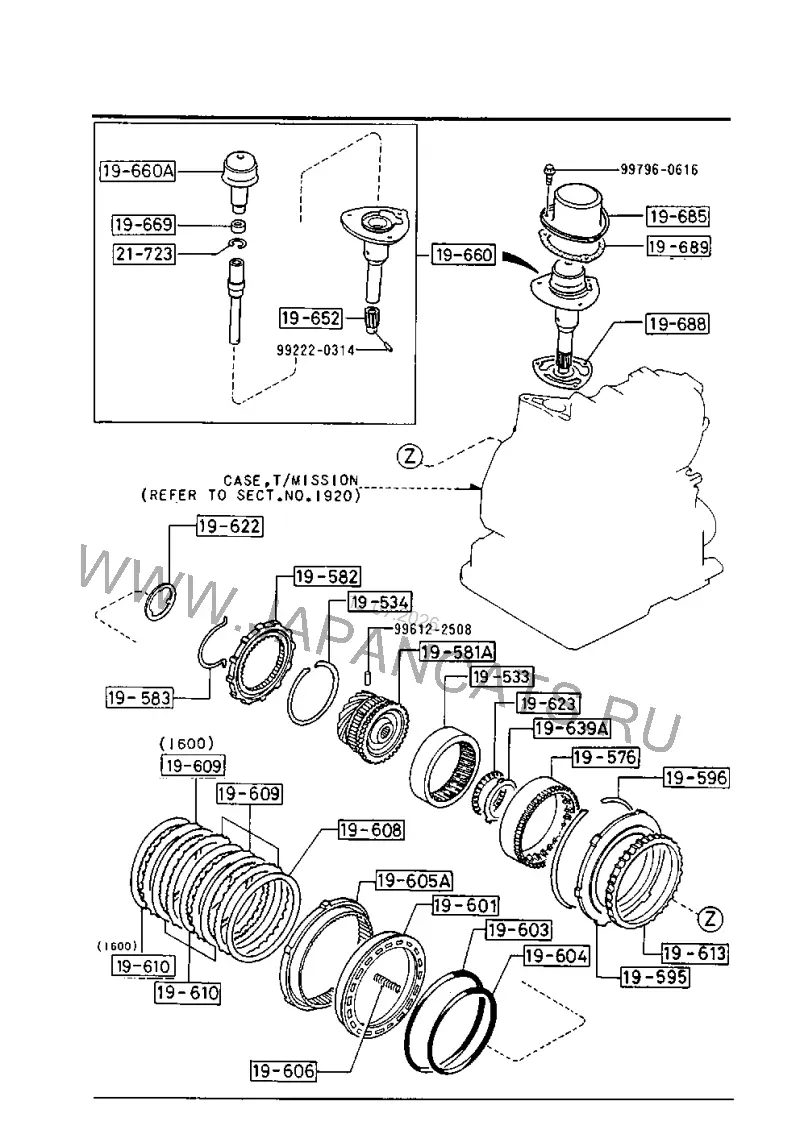 Схема узла: РЕГУЛЯТОР, НИЖНИЙ И ОБРАТНЫЙ ПОРШЕНЬ (AUTOMATIC TRANSMISSION 3-SPEED)