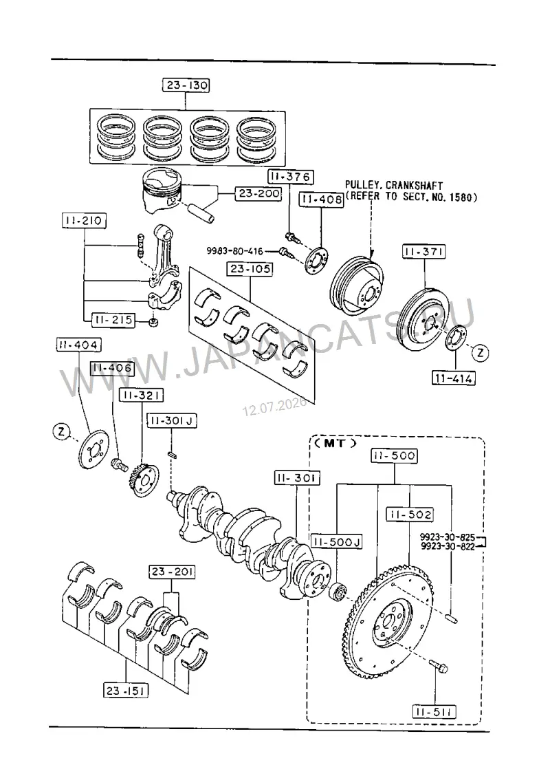 Схема узла: ПОРШНИ, КОЛЕНВАЛ И МАХОВИК (GASOLINE)(1500CC)(B-SERIES ENGINE)