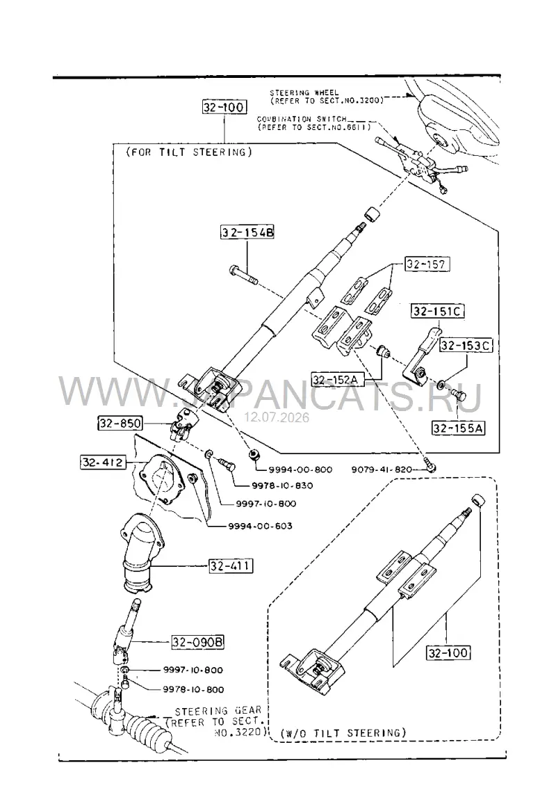 Схема узла: РУЛЕВАЯ КОЛОНКА И ВАЛ (W/O POWER STEERING)(C.G.R. TYPE)