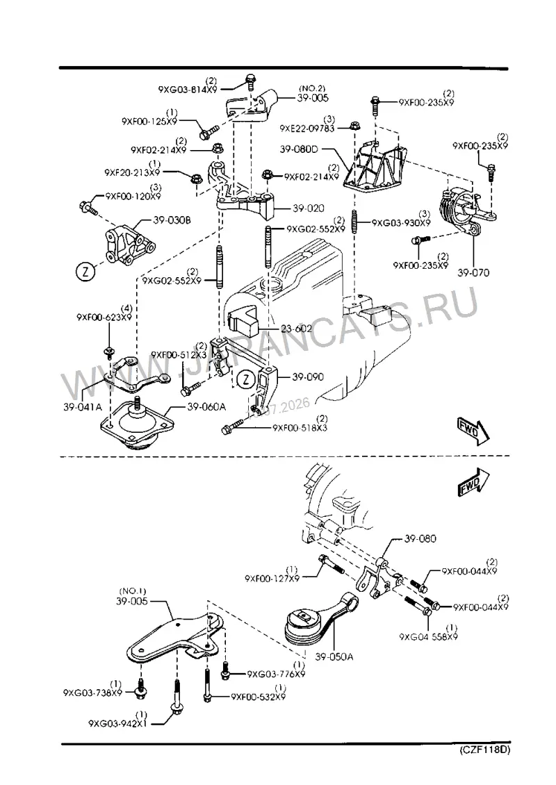 Схема узла: КРЕПЛЕНИЕ ДВИГАТЕЛЯ И ТРАНСМИССИИ (1800CC)(W/O TURBO)
