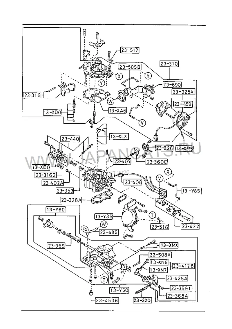 Схема узла: КАРБЮРАТОР И КОМПОНЕНТЫ (GASOLINE)(1300CC)(B-SERIES ENGINE)