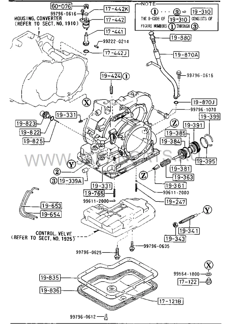 Схема узла: ТРАНСМИССИЯ - КОРПУС И УПРАВЛЯЮЩИЙ КЛАПАН (AUTOMATIC TRANSMISSION 3-SPEED)