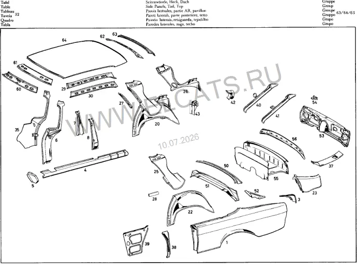 Схема узла: BODY FLOOR, FRONT PANEL, TAIL AND TOP / SIDE PANELS, TAIL, TOP