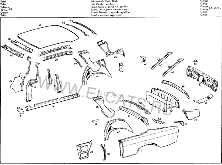 Схема узла: BODY FLOOR, FRONT PANEL, TAIL AND TOP / SIDE PANELS, TAIL, TOP